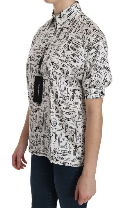 Musical Instrument Print Silk Collared Top