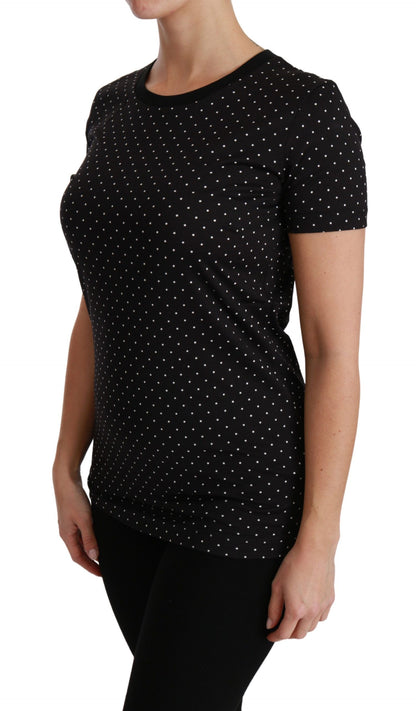 Chic Black Dotted Crewneck Cotton Tee