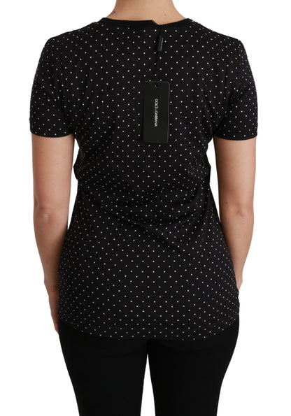 Chic Black Dotted Crewneck Cotton Tee