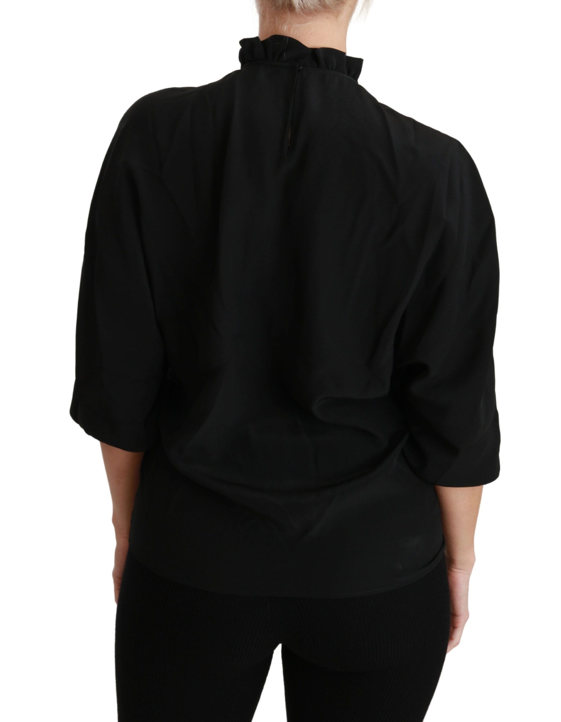 Elegant Black Silk Short Sleeve Blouse