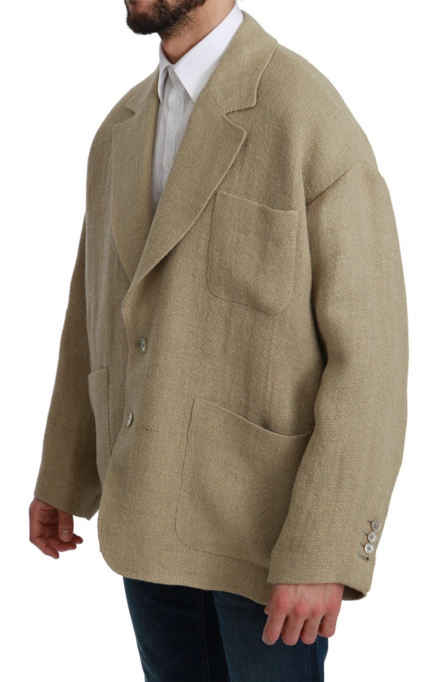 Chic Beige Jute Single-Breasted Blazer