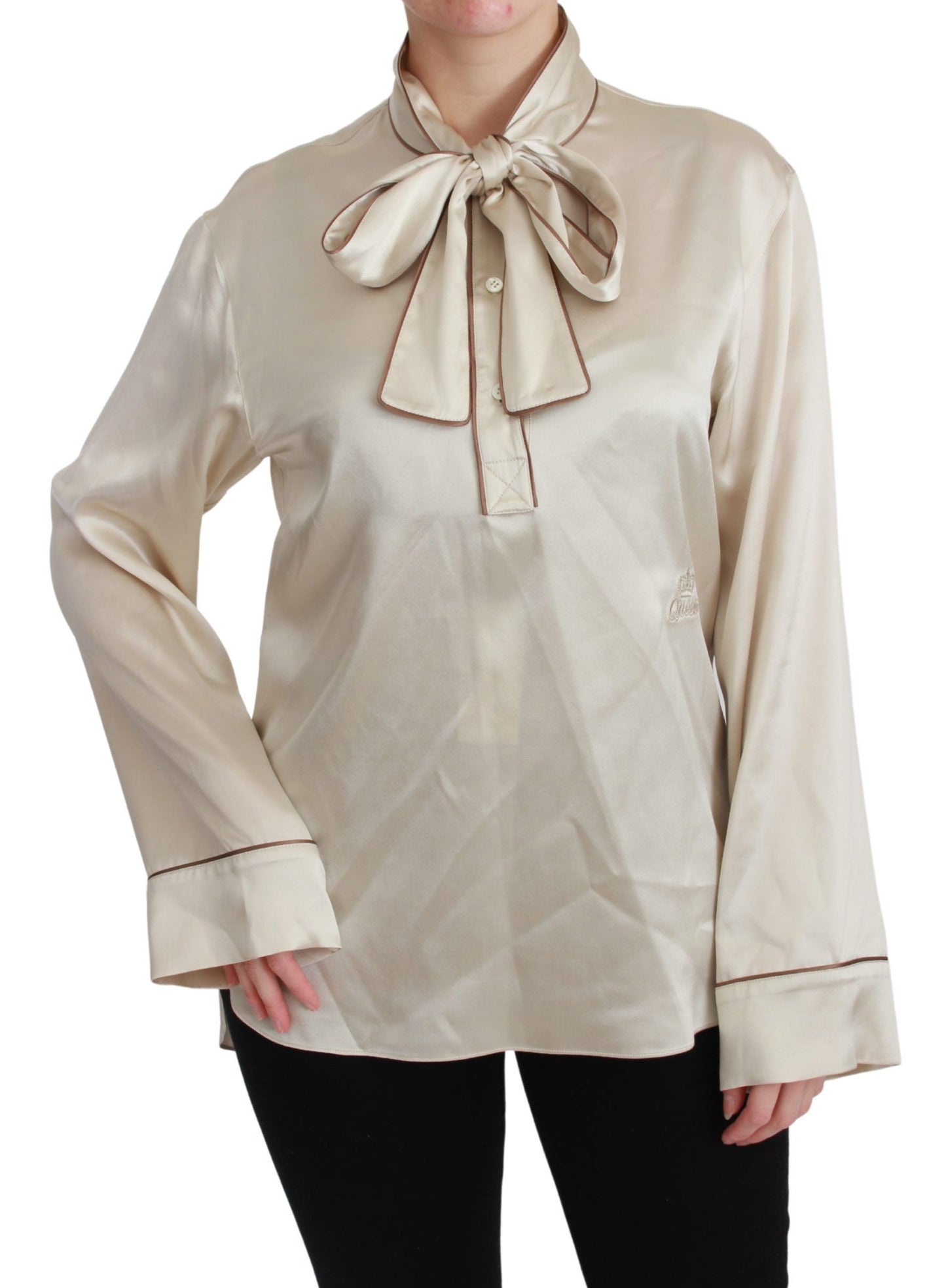 Elegant Beige Silk Satin Blouse with QUEEN Embroidery