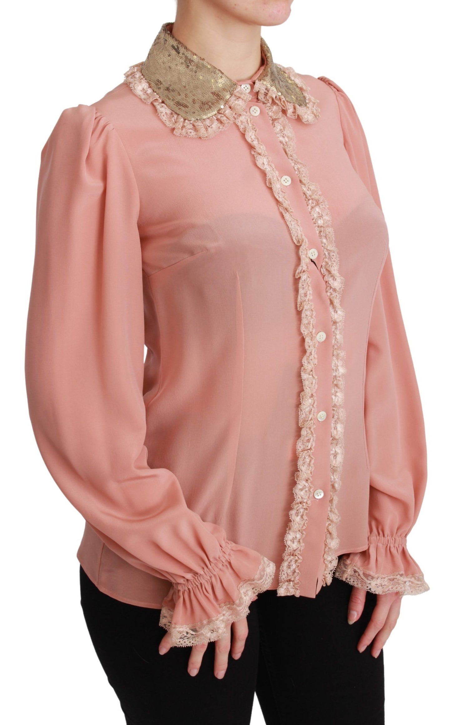 Elegant Pink Lace Silk Blouse with Gold Sequins