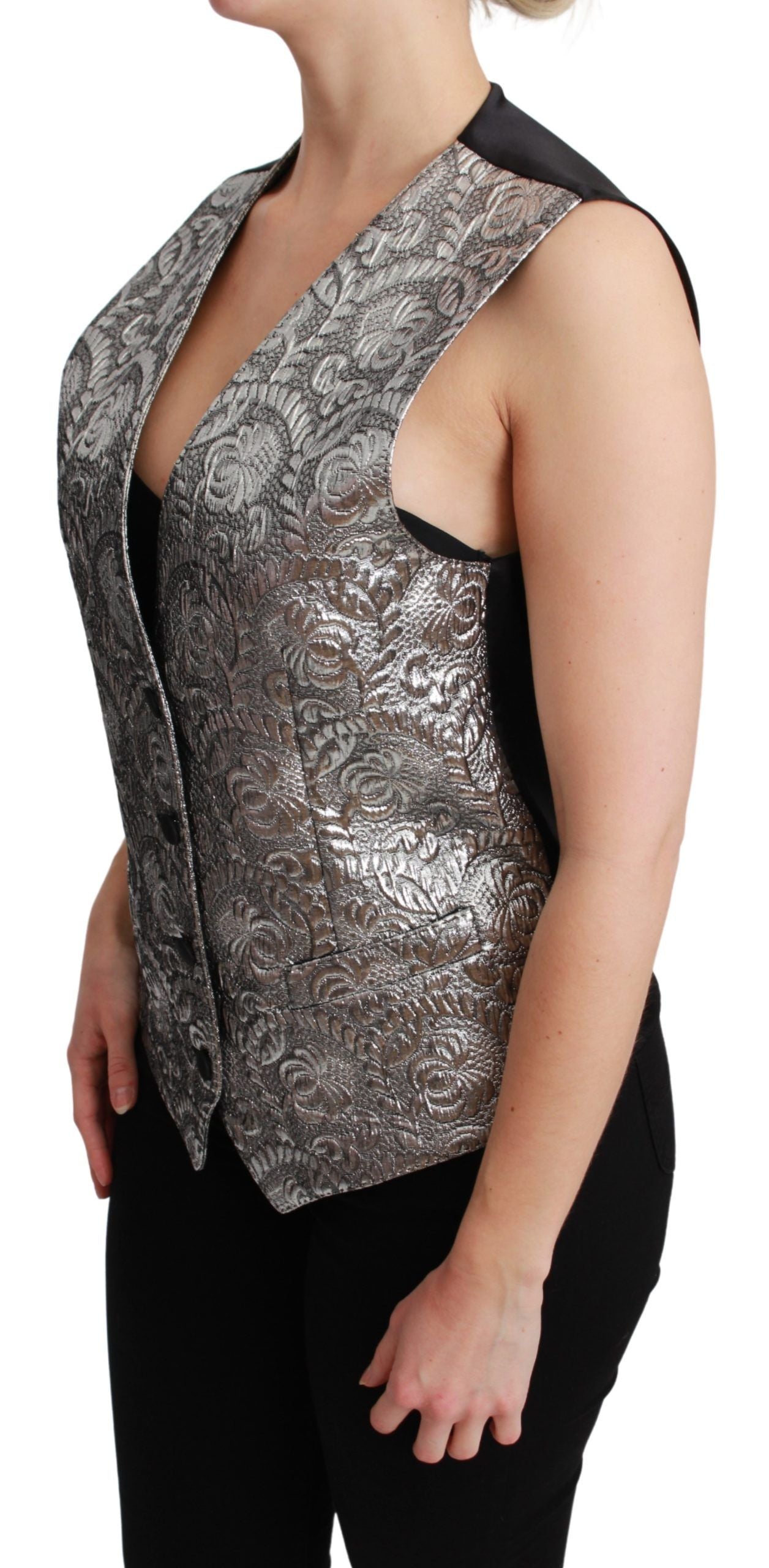 Elegant Silver Sleeveless Brocade Vest