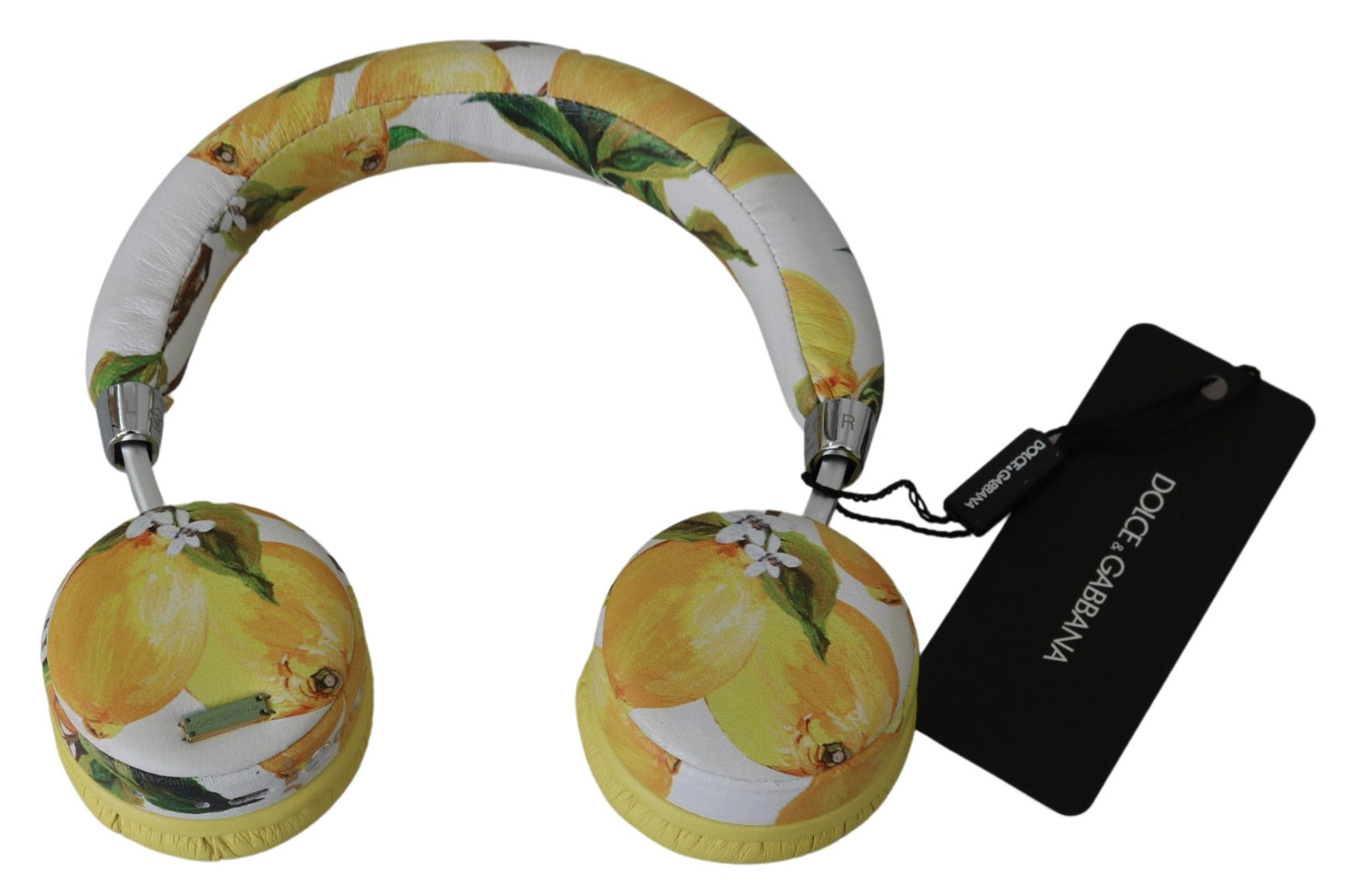 Chic White Leather Headphones with Yellow Print