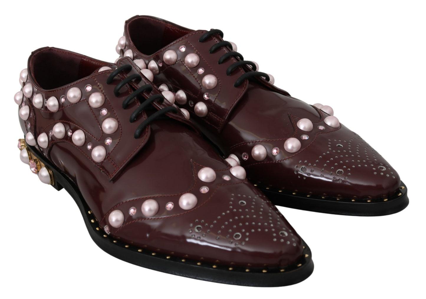 Elegant Bordeaux Lace-Up Flats with Pearls and Crystals