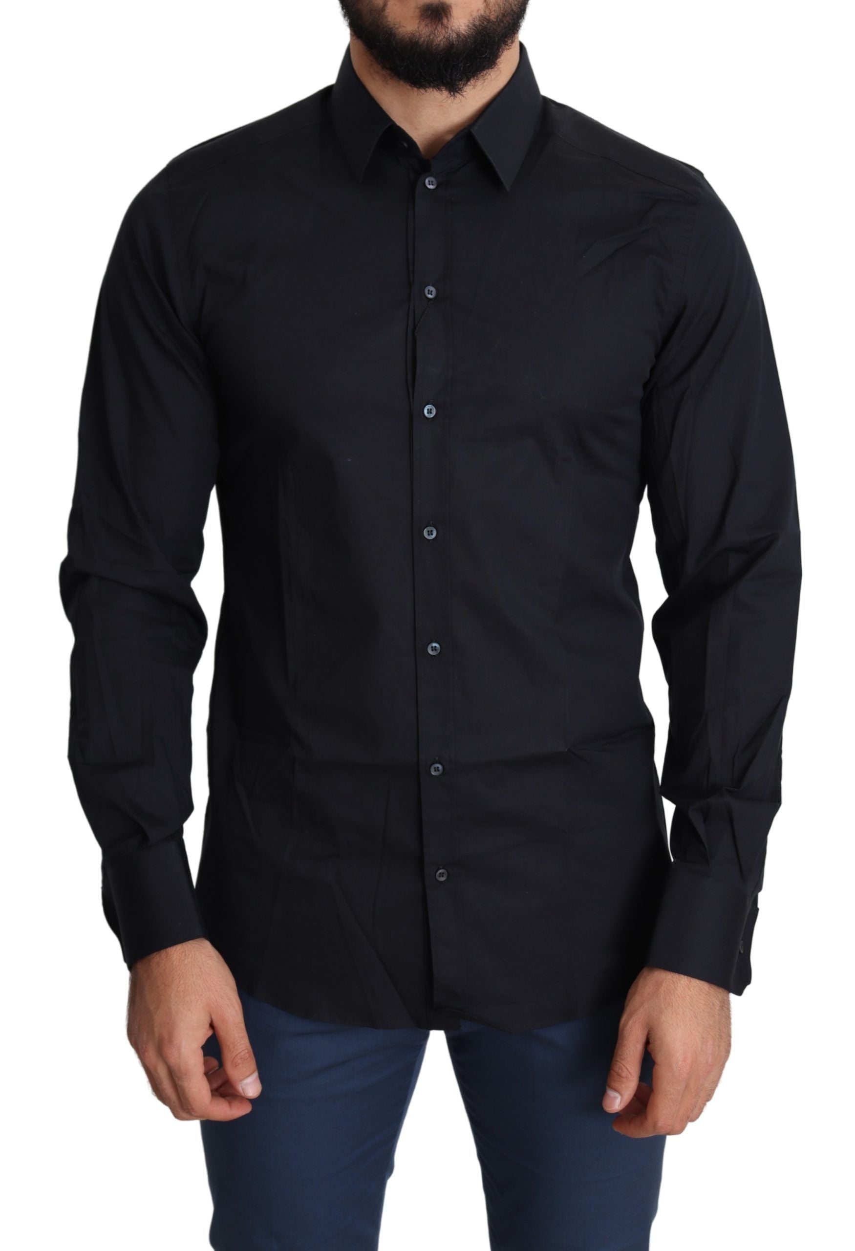 Sleek Black Slim Fit Cotton Stretch Dress Shirt