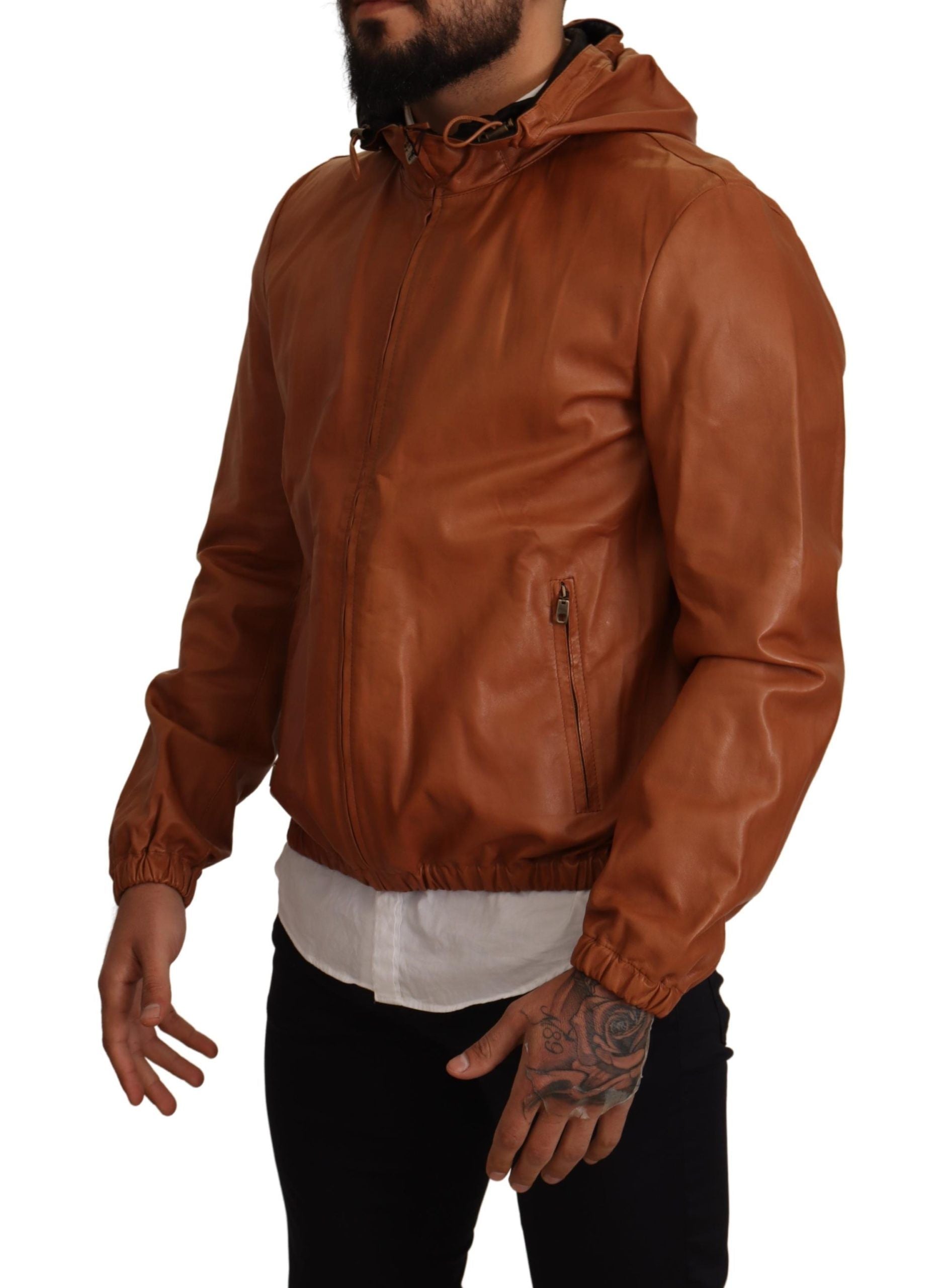 Elegant Brown Leather Bomber Jacket