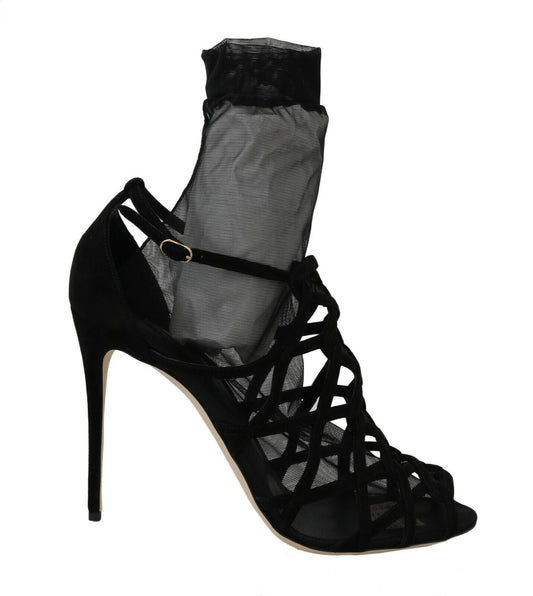 Black Suede Tulle Ankle Boot Sandals