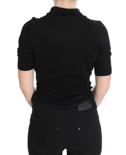 Elegant Black Silk Floral Polo Top