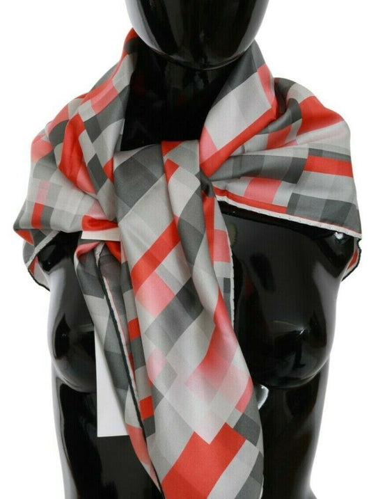 Elegant Silk Checkered Scarf in Gray and Red