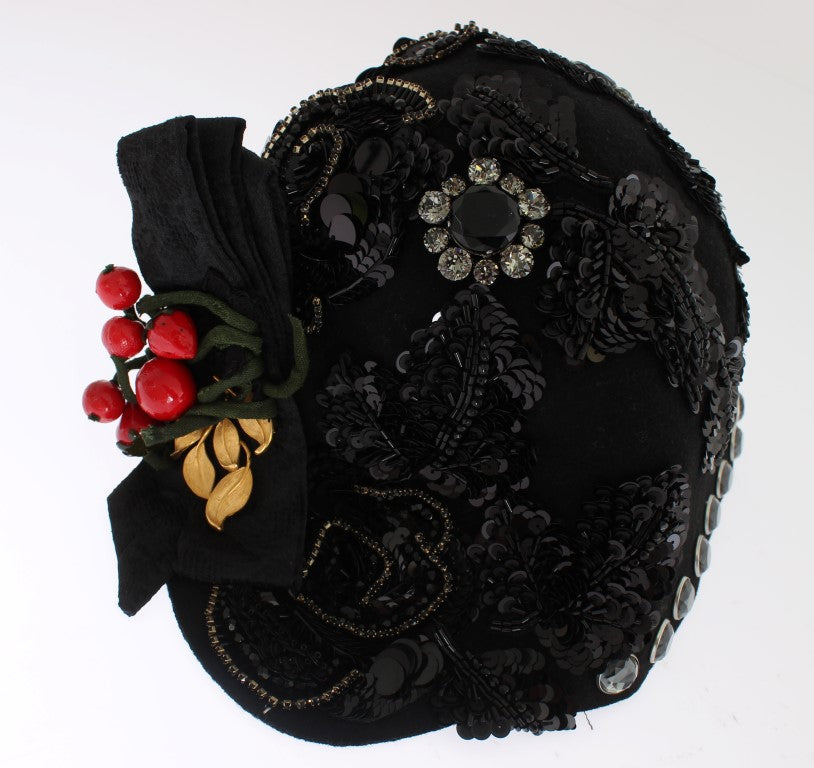 Elegant Black Crystal-Adorned Cloche Hat