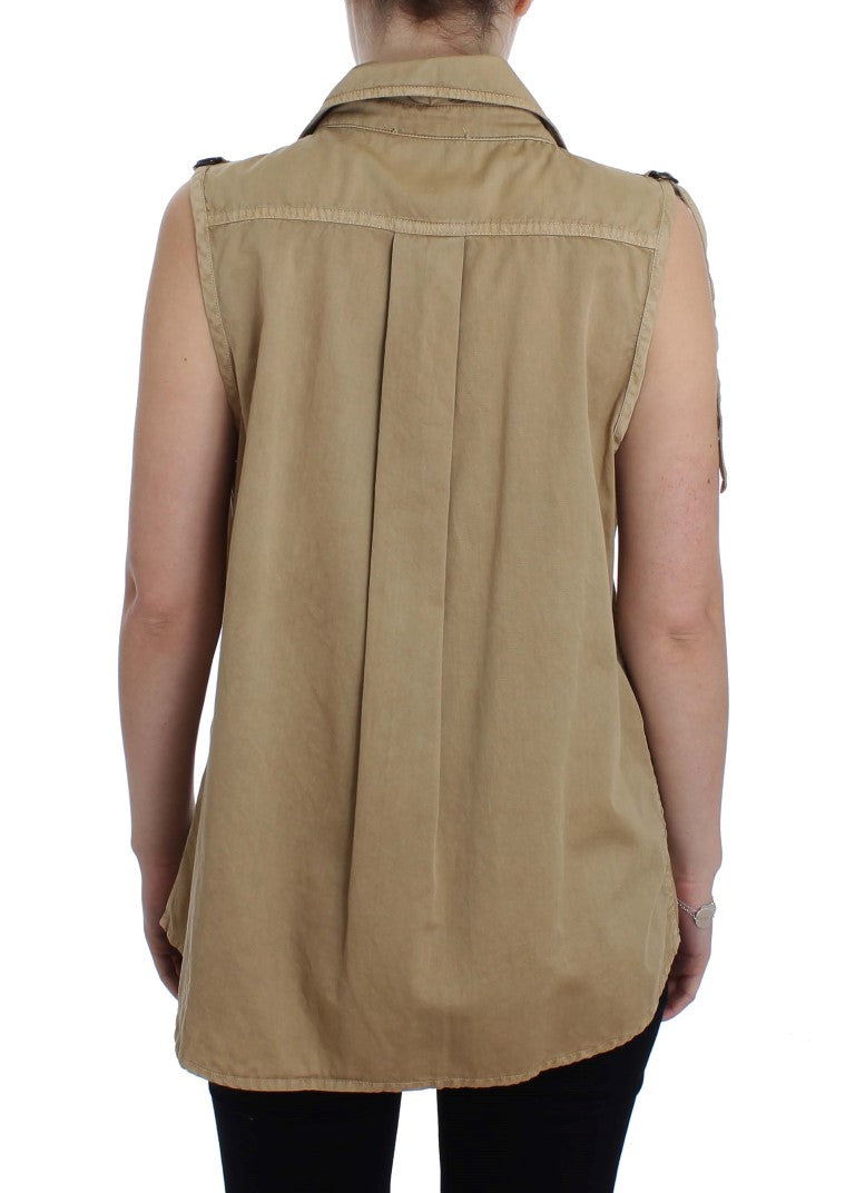 Beige Sleeveless Cotton Blouse