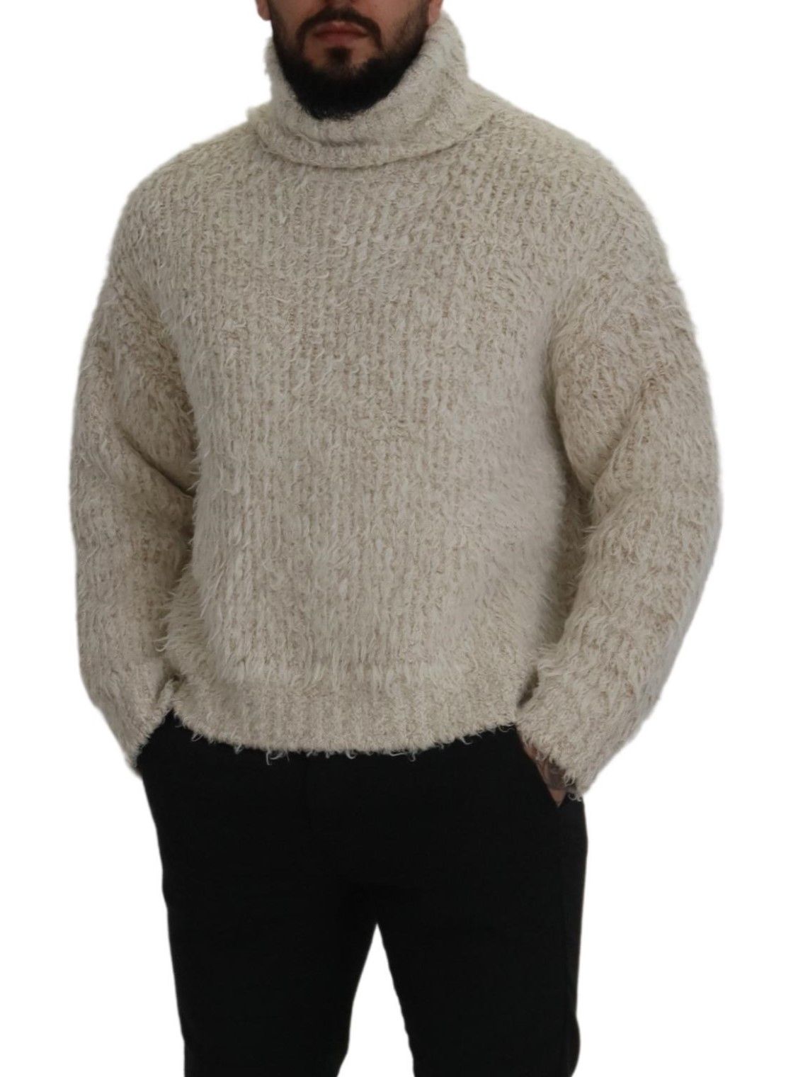 Elegant Cream Turtleneck Wool Blend Sweater