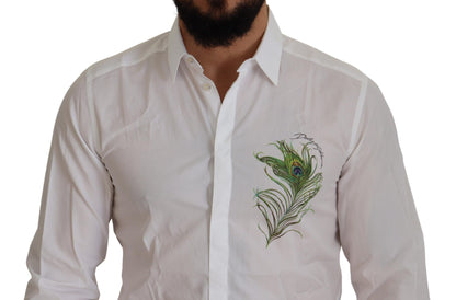 Elegant White Peacock Feather Dress Shirt