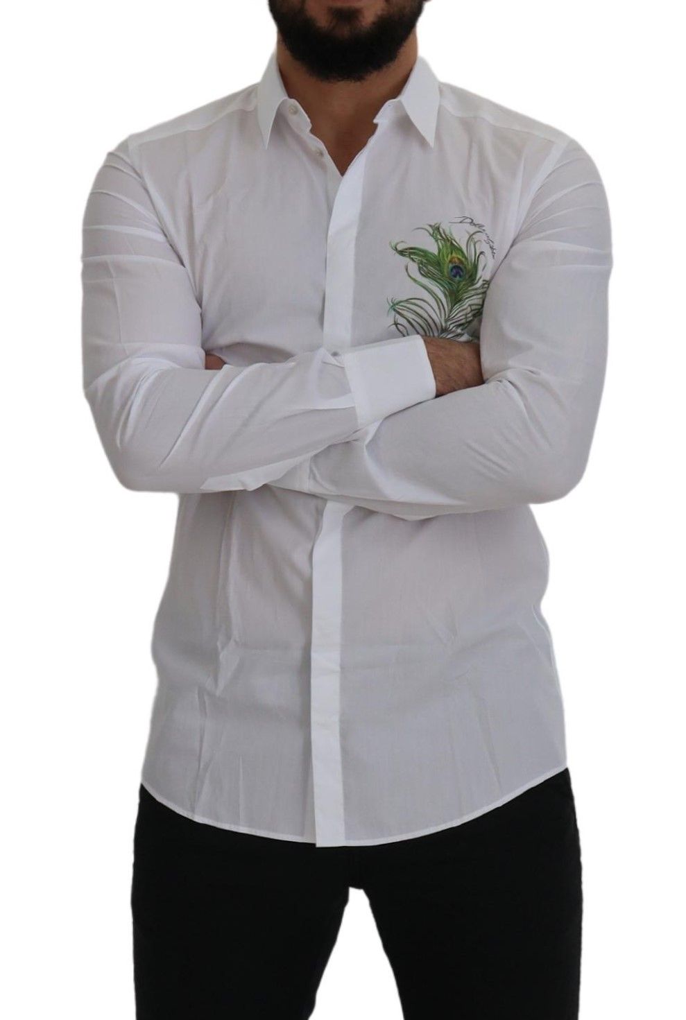 Elegant White Peacock Feather Dress Shirt