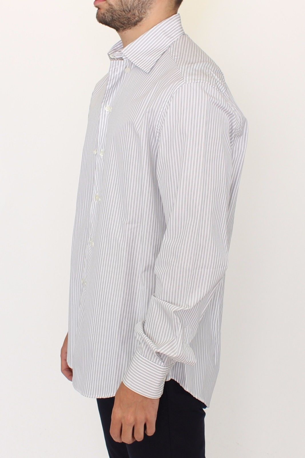 Elegant White and Gray Striped Cotton Shirt