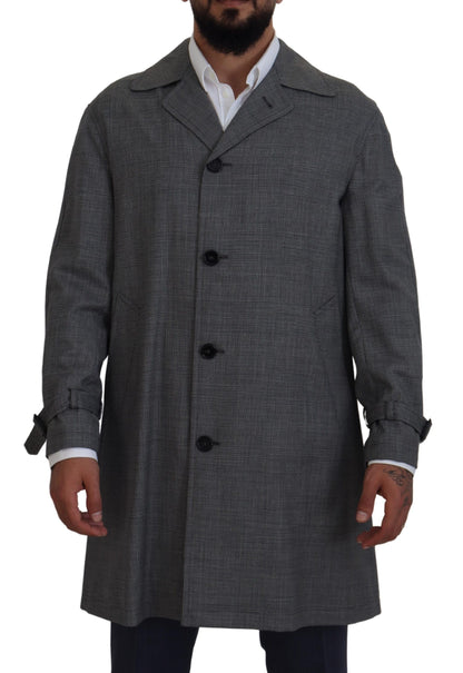 Elegant Gray Plaid Trench Coat