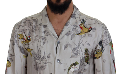 Elegant Silk Bird Print Casual Shirt