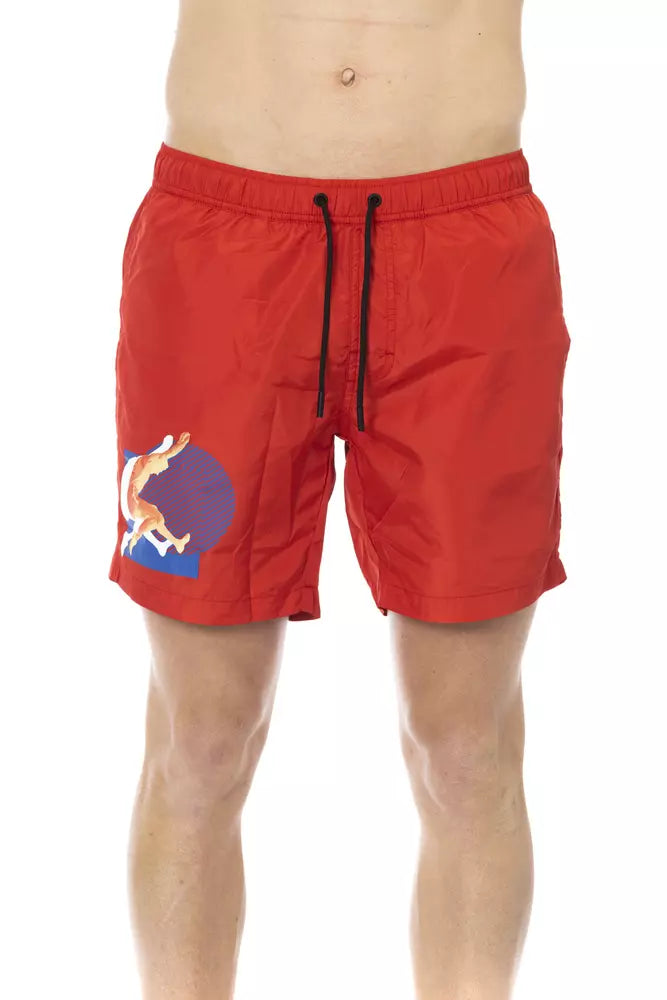 Red Polyester Mens Swim Short