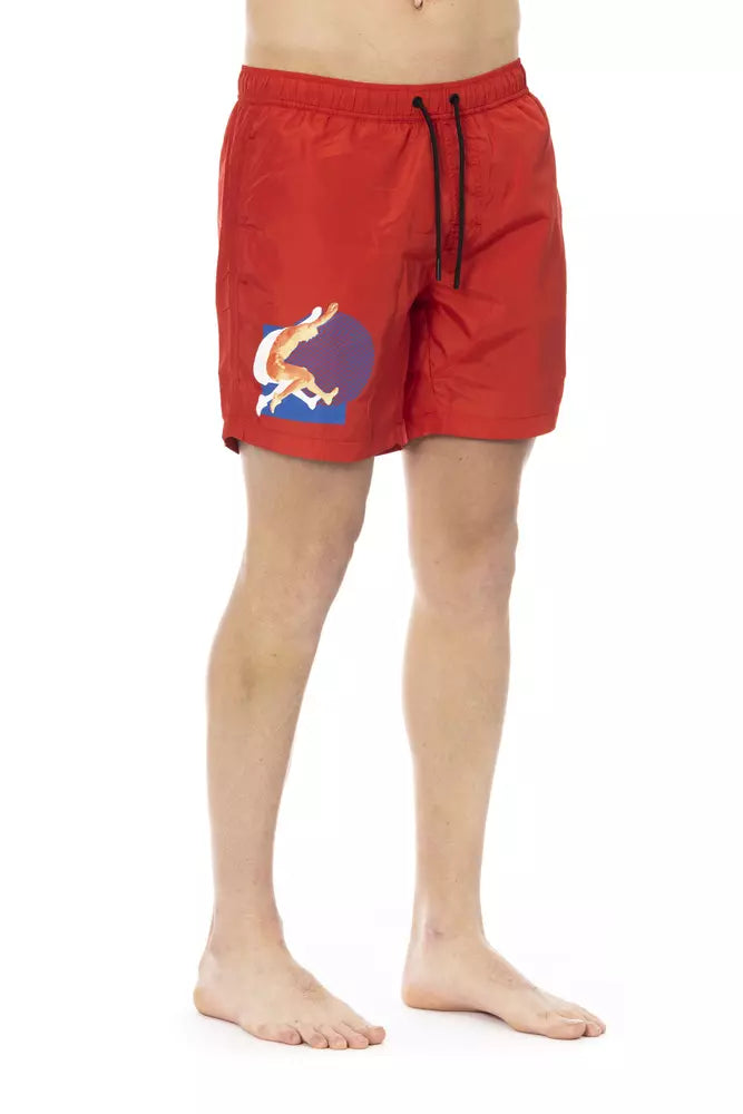 Red Polyester Mens Swim Short