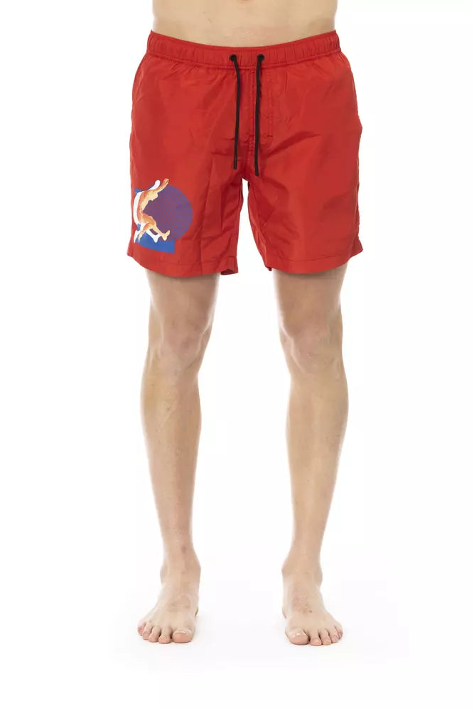 Red Polyester Mens Swim Short