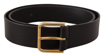 Elegant Black Leather Belt with Gold-Tone Buckle