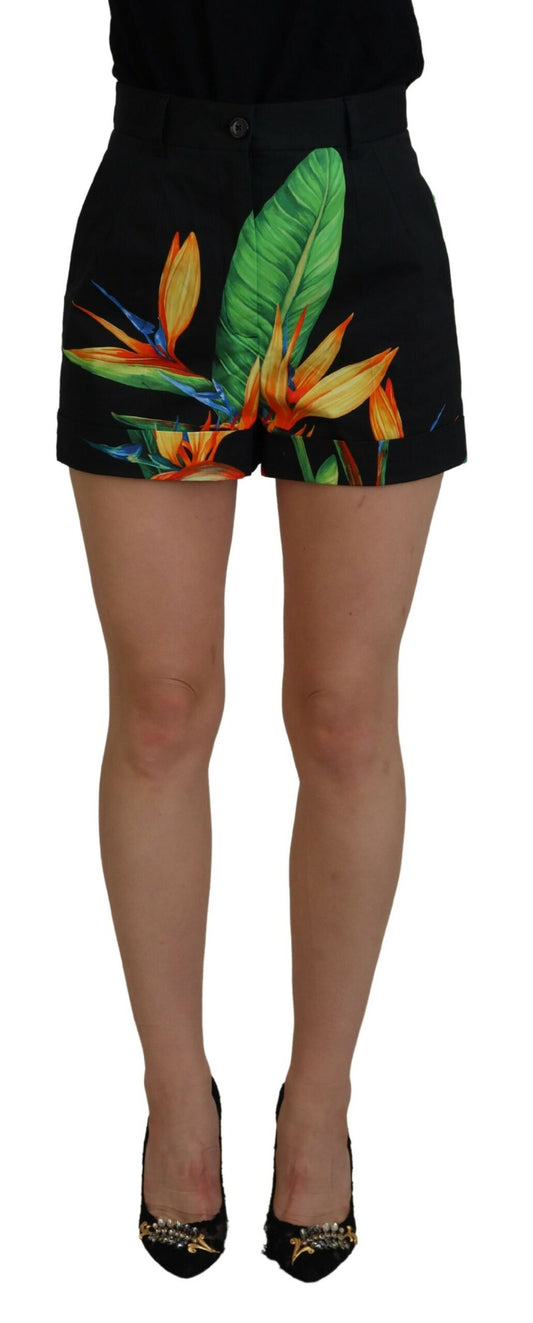 High Waist Hot Pants Shorts in Black Leaves Print