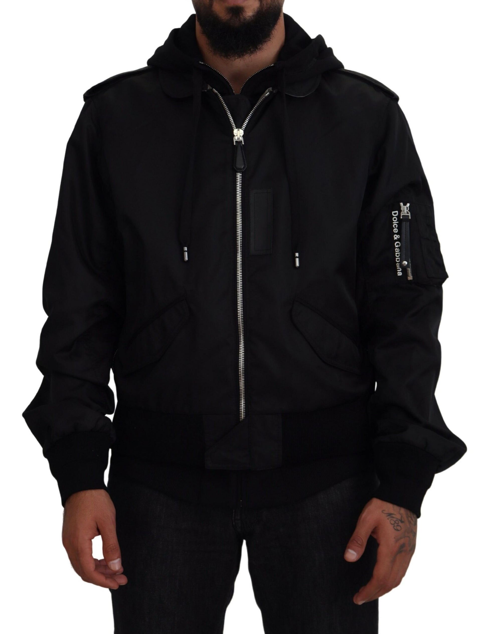 Sleek Black Hooded Bomber Jacket