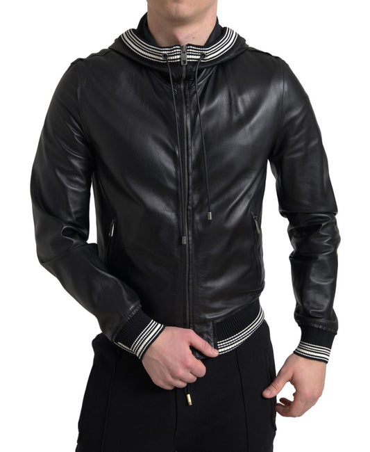 Elegant Black Leather Bomber Jacket