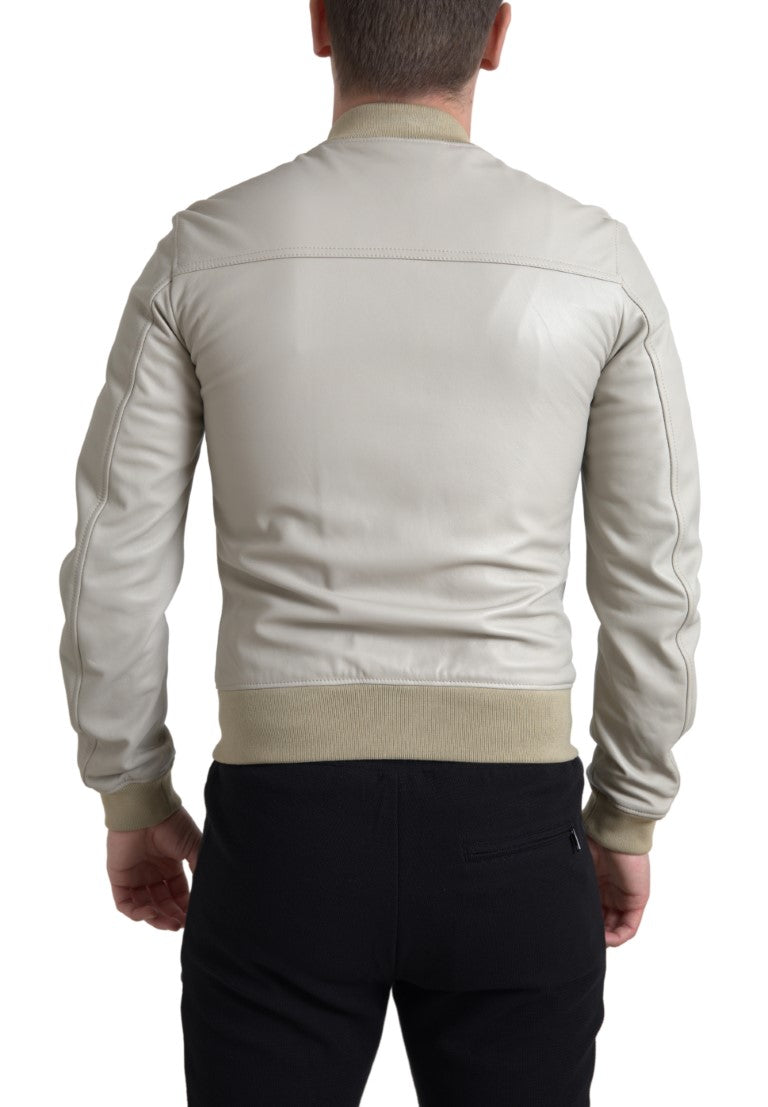 Cream Leather Bomber Jacket