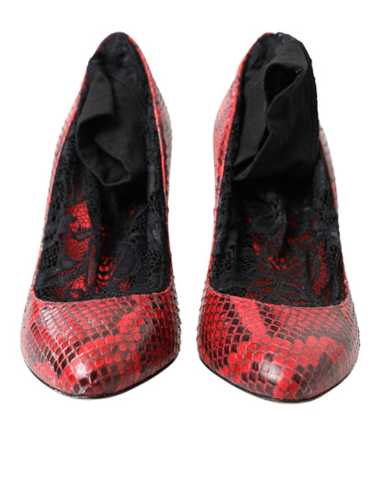 Red Almond Toe Snakeskin Pumps with Lace Socks