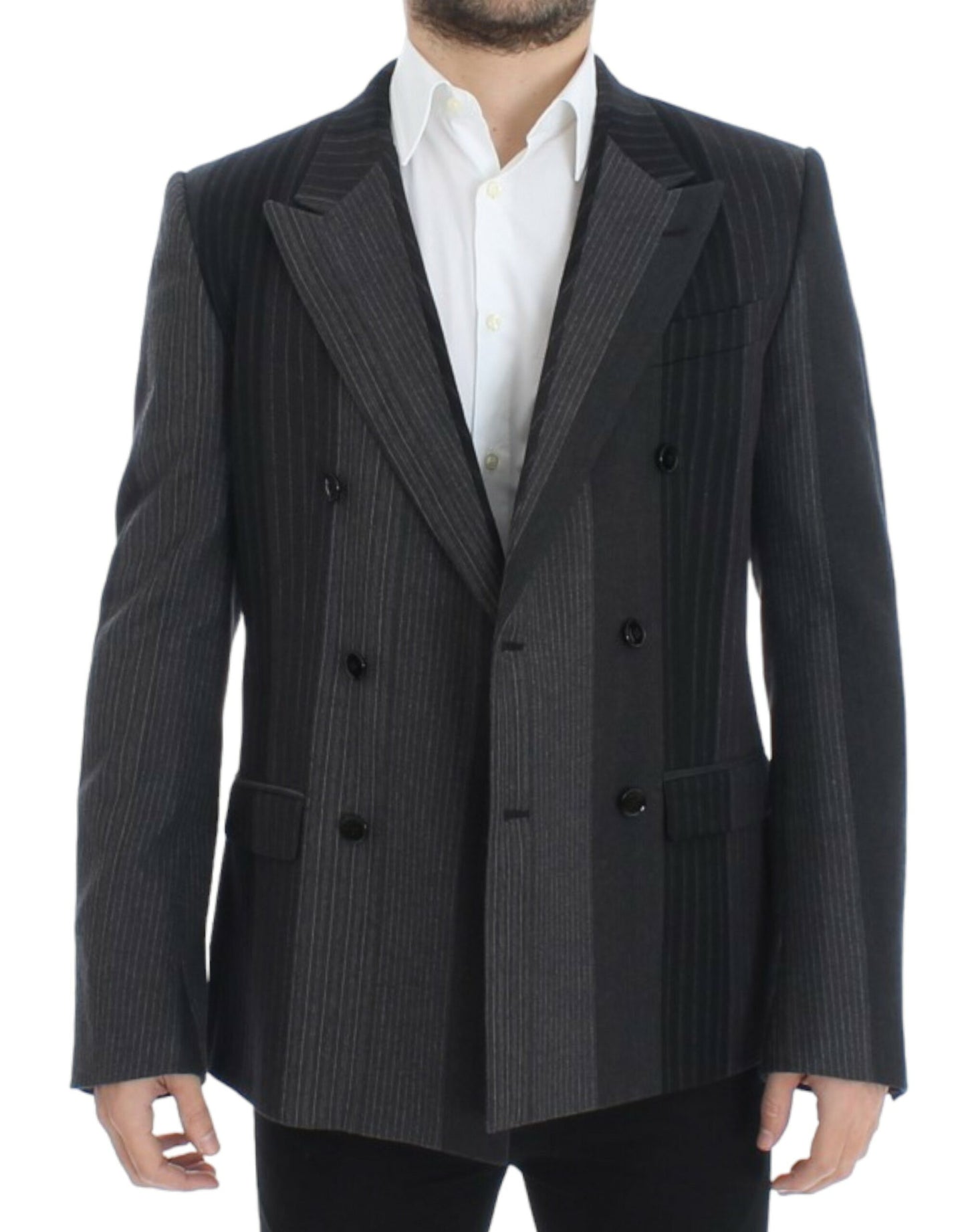 Elegant Gray Striped Wool Slim Blazer