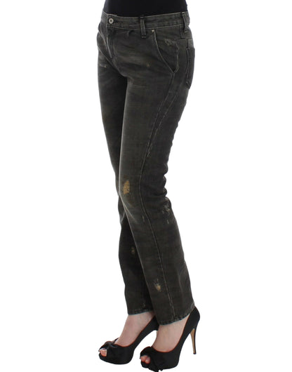 Sleek Gray Straight Leg Distressed Jeans