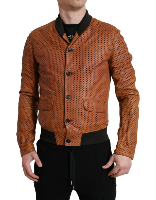 Elegant Leather Perforated Bomber Jacket