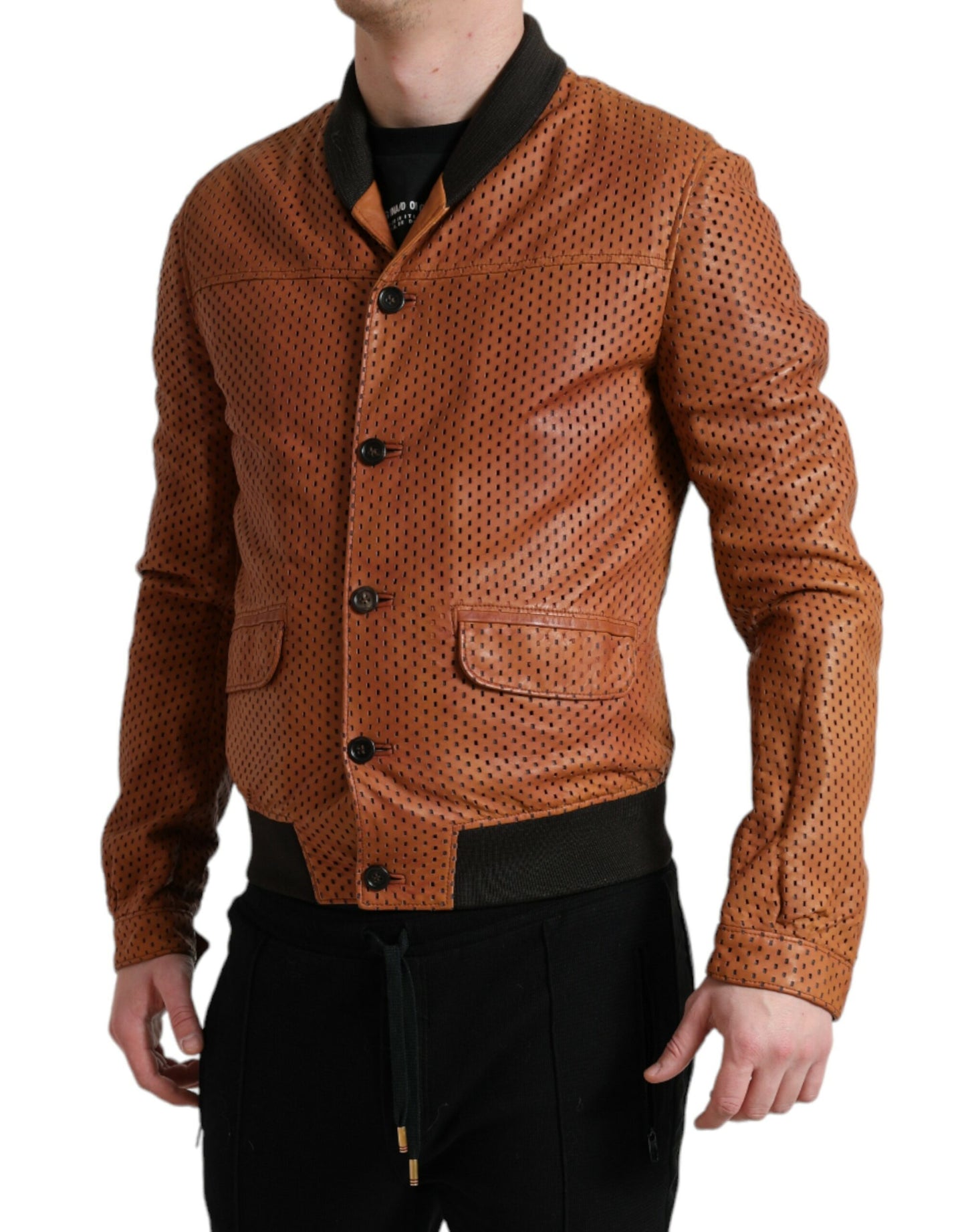 Elegant Leather Perforated Bomber Jacket