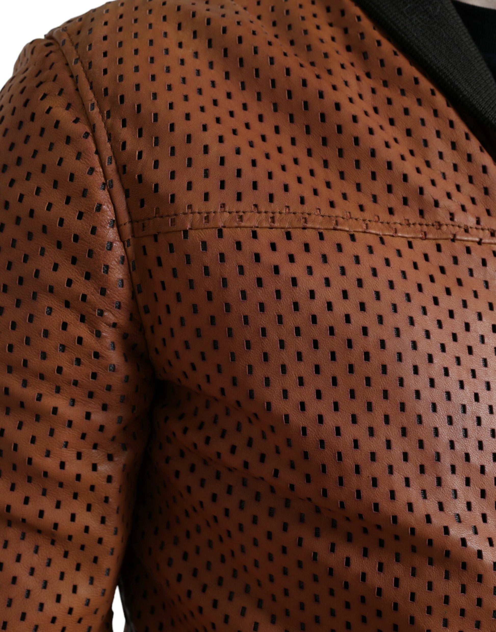 Elegant Leather Perforated Bomber Jacket