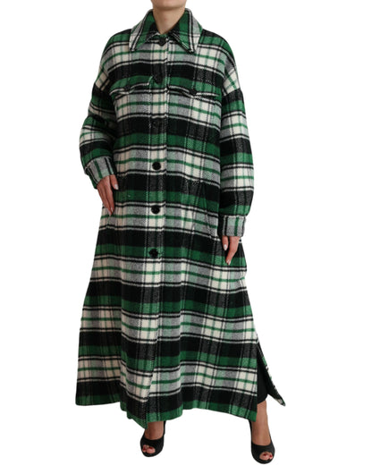 Elegant Green Plaid Long Coat