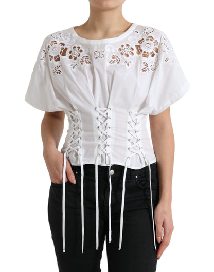 Elegant White Floral Lace-Up Blouse