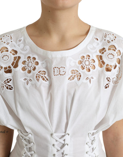 Elegant White Floral Lace-Up Blouse