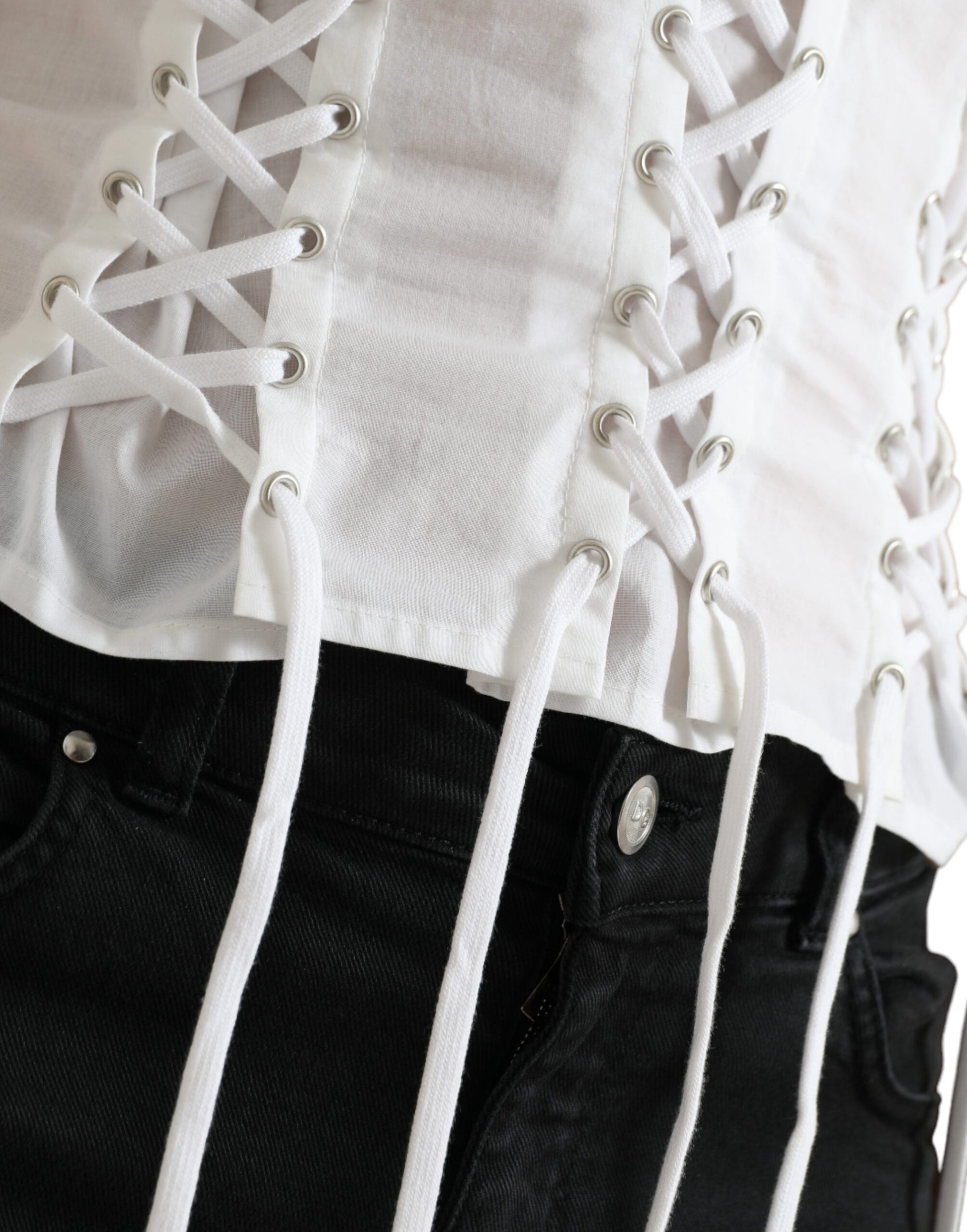 Elegant White Floral Lace-Up Blouse