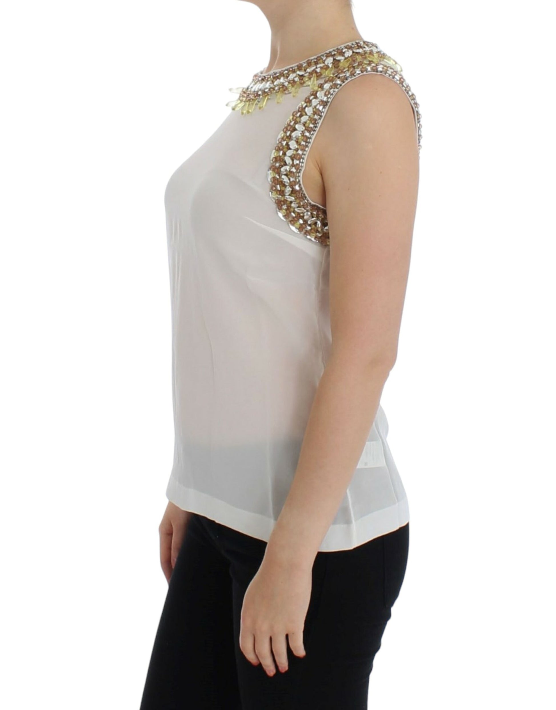 Elegant Sleeveless Silk Blouse with Crystal Embellishment