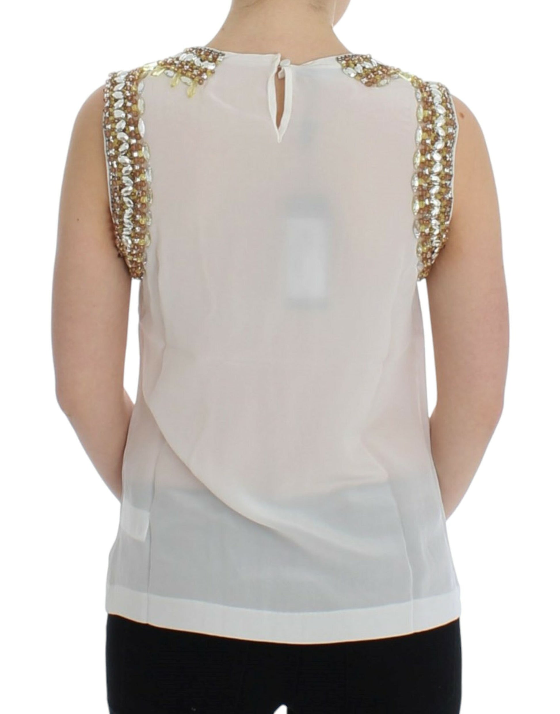 Elegant Sleeveless Silk Blouse with Crystal Embellishment