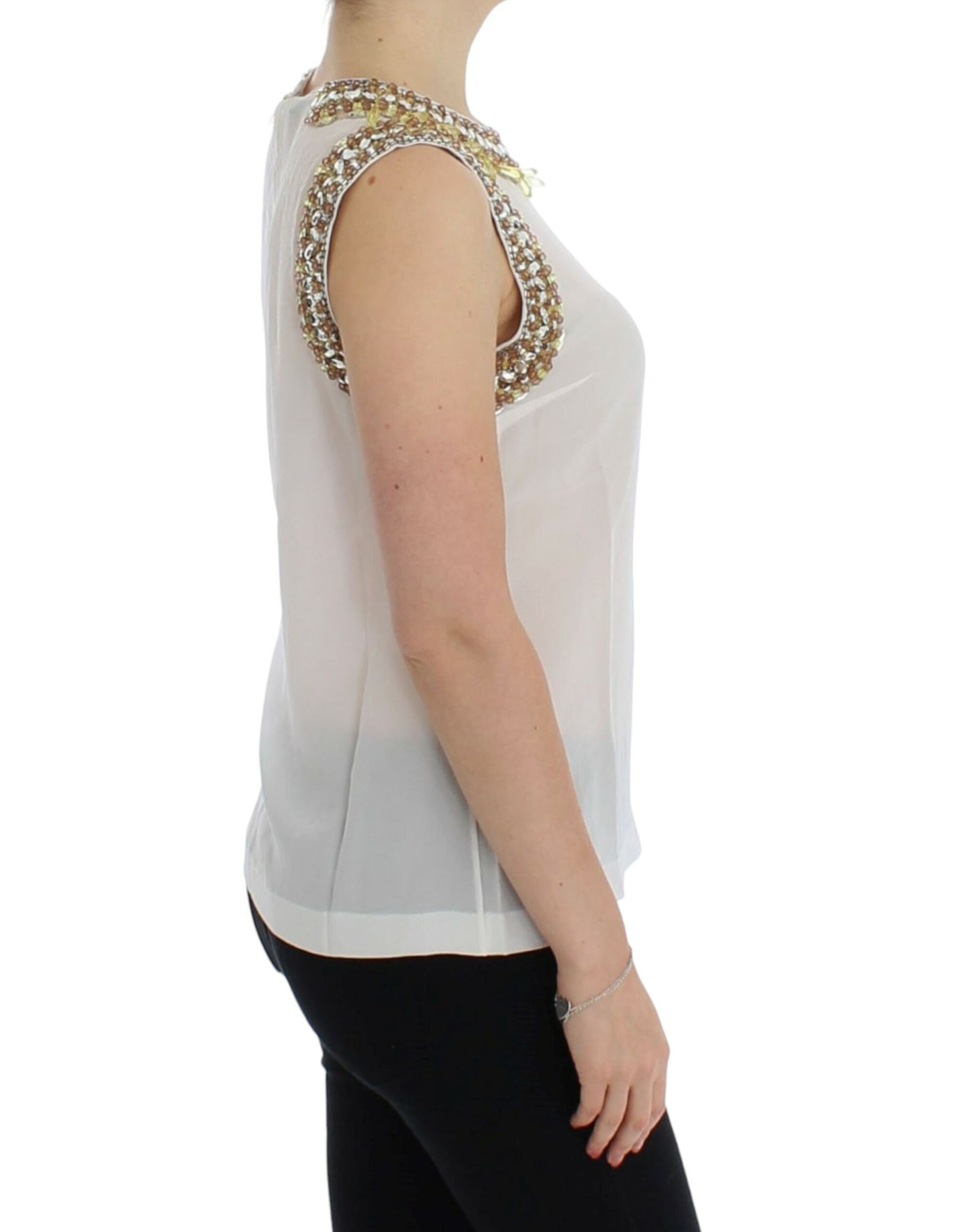 Elegant Sleeveless Silk Blouse with Crystal Embellishment