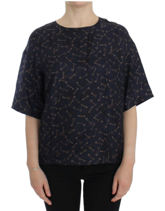 Enchanted Sicily Silk Blouse with Gold Keys Print