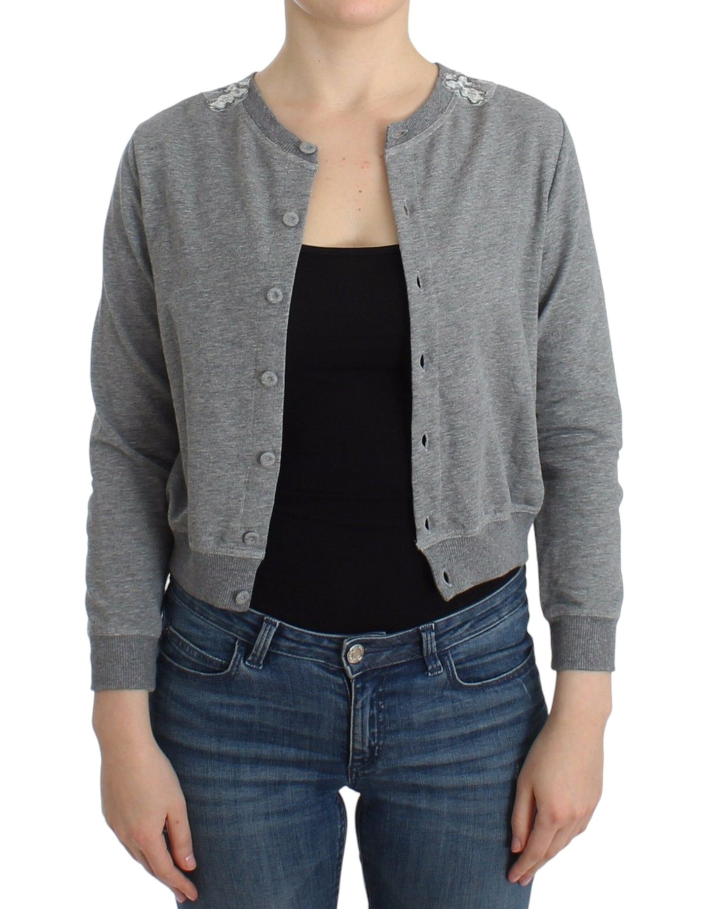 Chic Gray Cotton Blend Short Cardigan