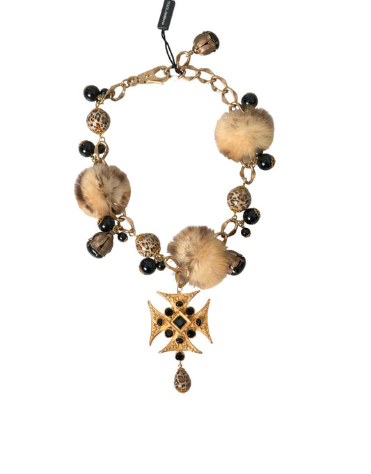 Gold Black Crystals Lapin Fur Filigree Chocker Necklace