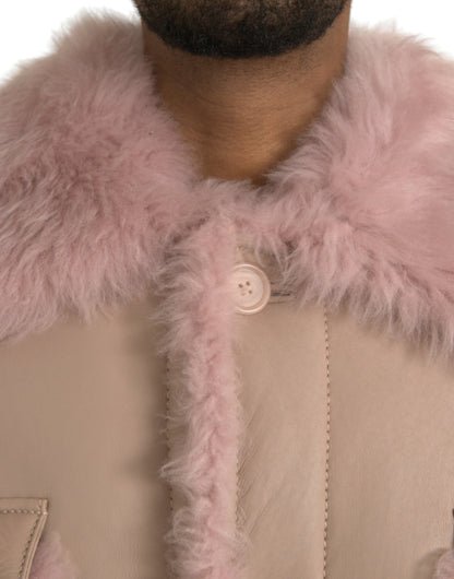 Beige Pink Lamb Leather Shearling Coat Jacket