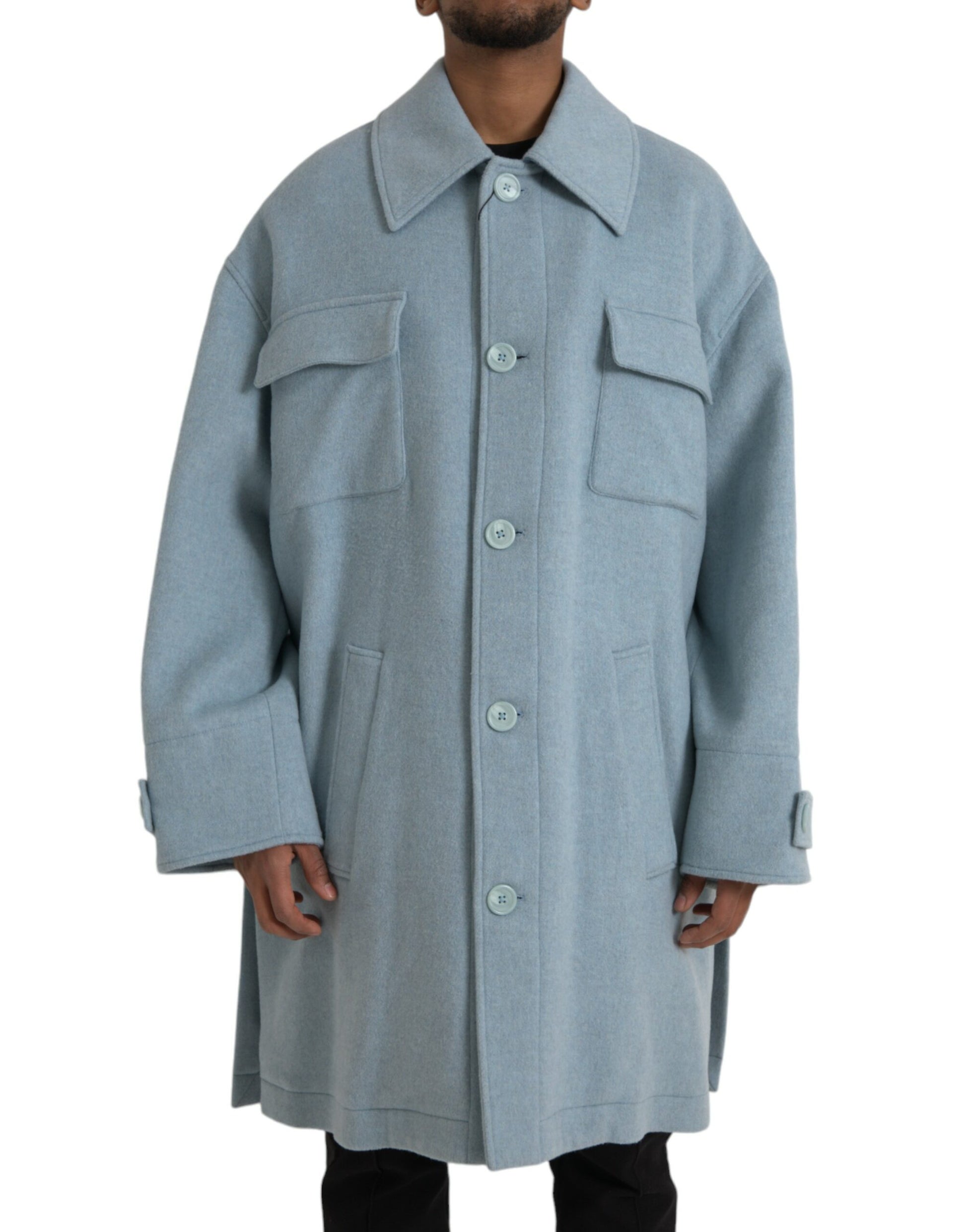 Light Blue Wool Button Trench Coat Jacket