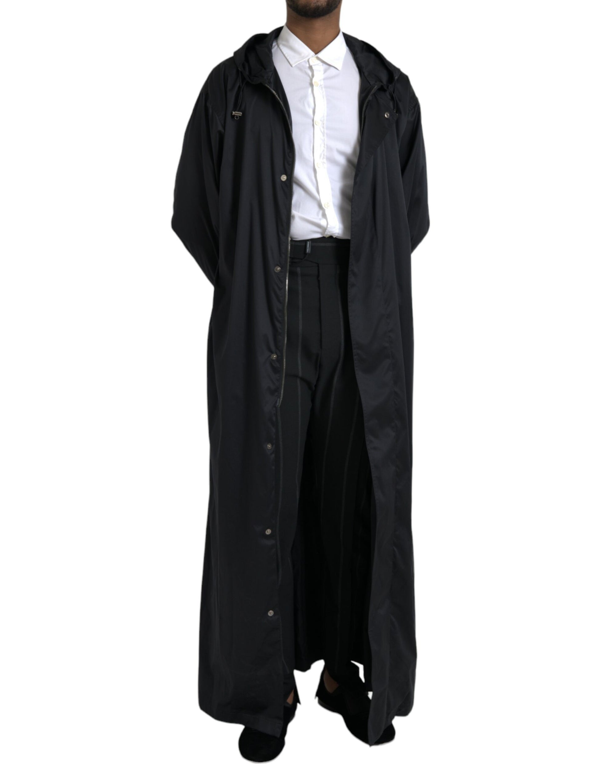 Black Polyester Hooded Long Windbreaker Jacket